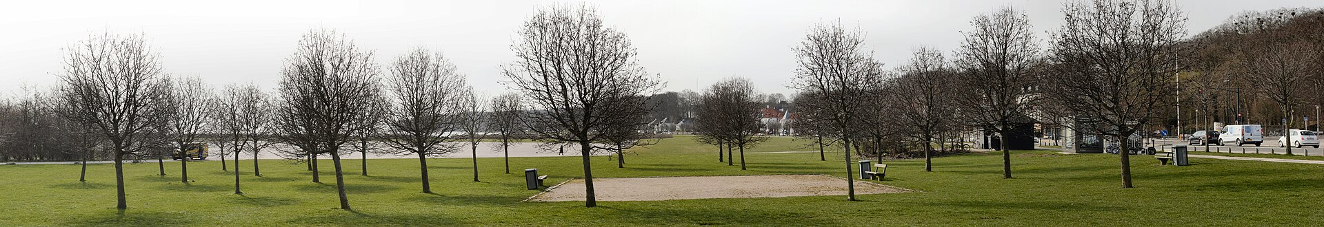 Trærækker og græsarealer ned mod vandet i Tangkrogen i Aarhus