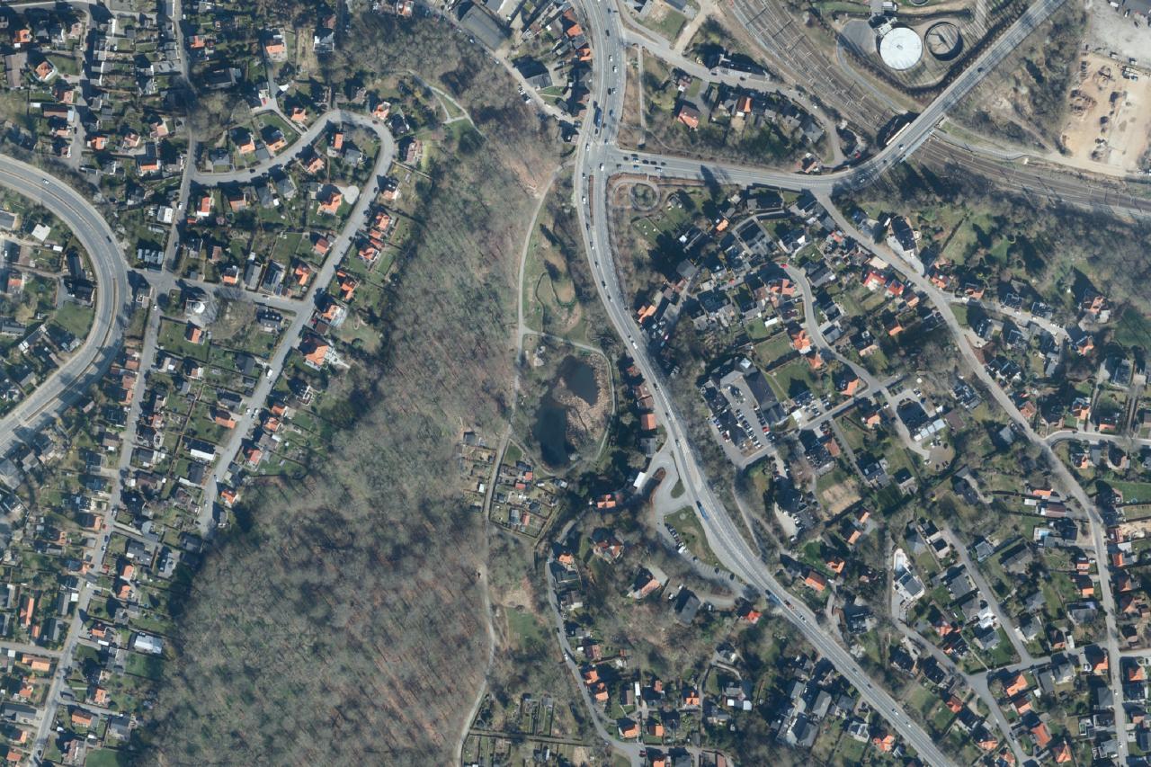 Luftfoto over Mølholmsdammen og Tyrelodspynten i Vejle